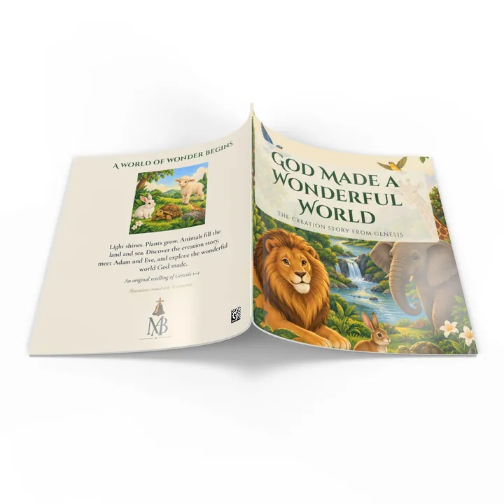 The God Made a Wonderful World 8 x 8 softcover children's Bible storybook, opened to show the back and front covers