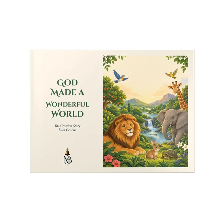 Front cover of the God Made a Wonderful World hardcover children's Bible storybook: a lion, an elephant and birds by a waterfall