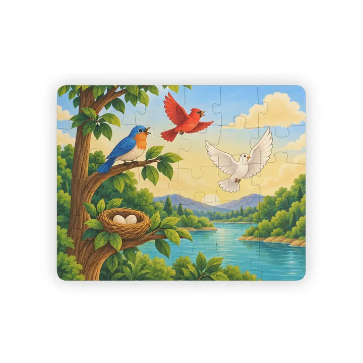 The finished 30-piece kids' puzzle: a bluebird, a red cardinal and a white dove over a river