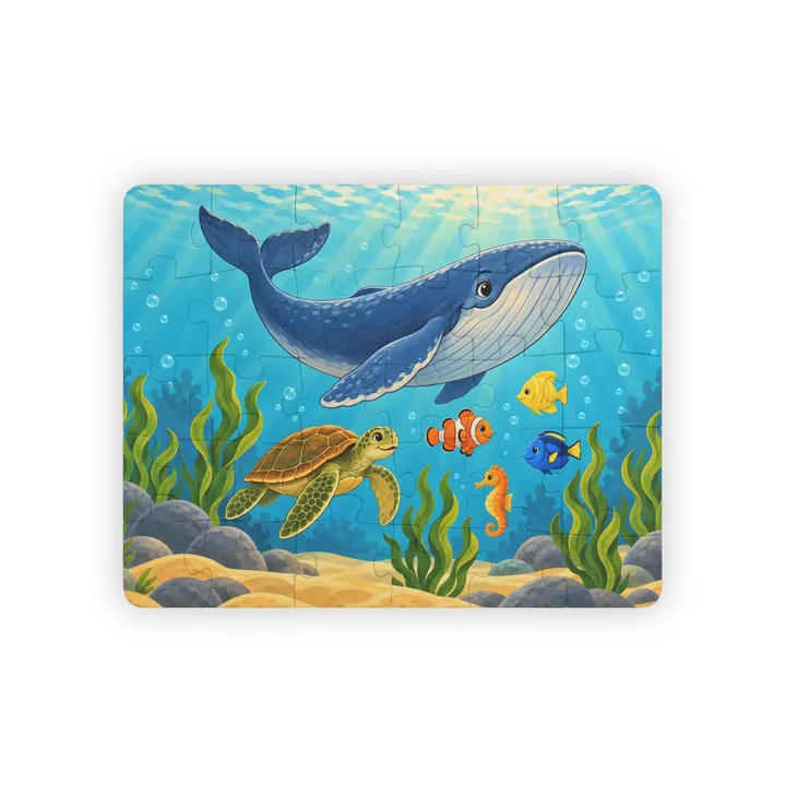 The finished 30-piece kids' puzzle: a blue whale, a sea turtle and bright fish under the sea