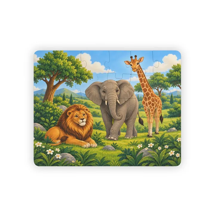 The finished 30-piece kids' puzzle: a lion, an elephant and a giraffe in a meadow