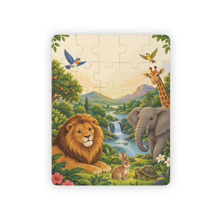 The finished 30-piece kids' puzzle: a lion, an elephant, a giraffe, a rabbit and a tortoise by a waterfall