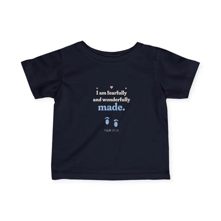 Infant T-shirt in Navy with the I am fearfully and wonderfully made design with baby footprints (Psalm 139:14)