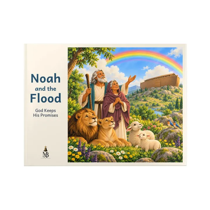 Front cover of the Noah and the Flood hardcover children's Bible storybook: Noah with animals, the ark and a rainbow