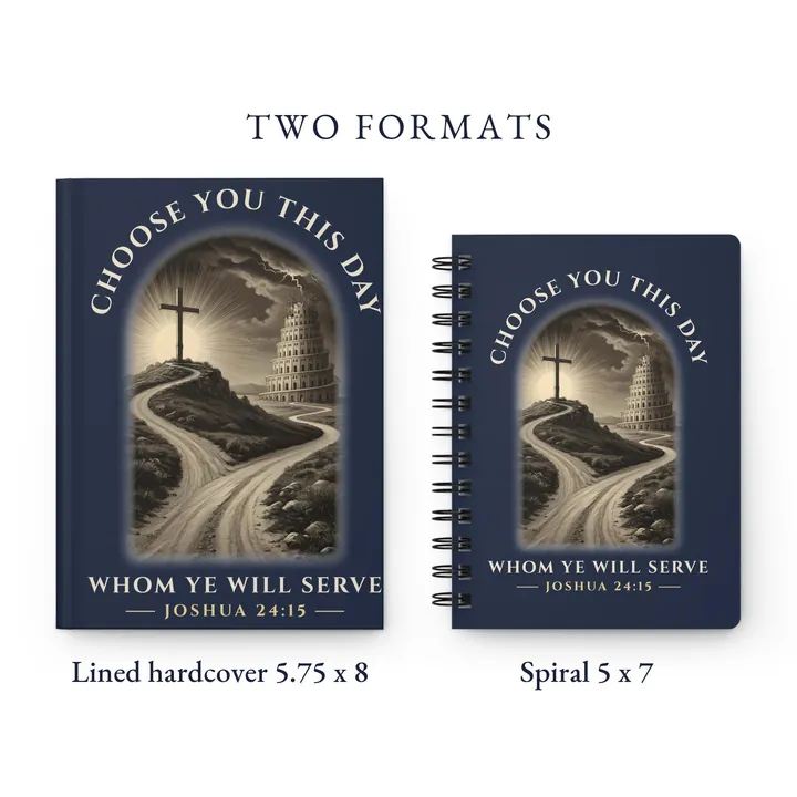 The Choose You This Day journal in two formats side by side: a lined hardcover 5.75 x 8 inches and a spiral journal 5 x 7 inches, both with the Choose You This Day design: a cross on a hill and a winding road beside the Tower of Babel, in an arched engraving with the words Choose you this day whom ye will serve, Joshua 24:15