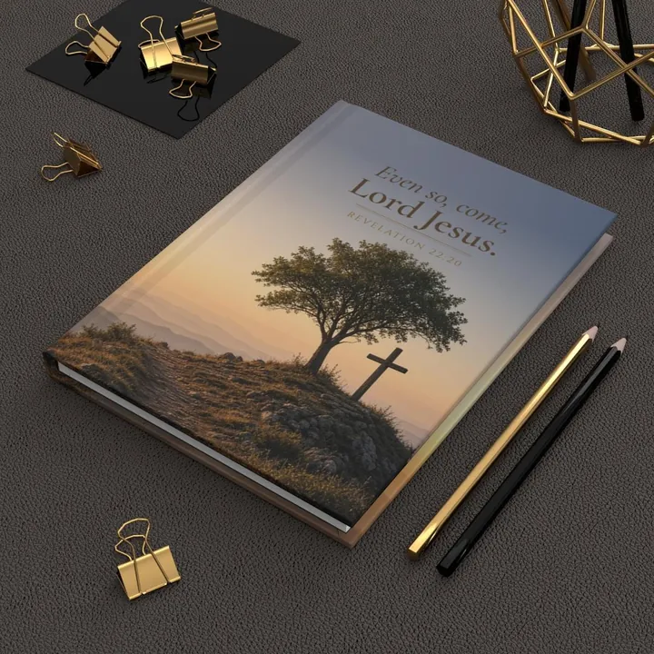 The Even so, come, Lord Jesus hardcover journal on a dark desk beside pencils and paper clips