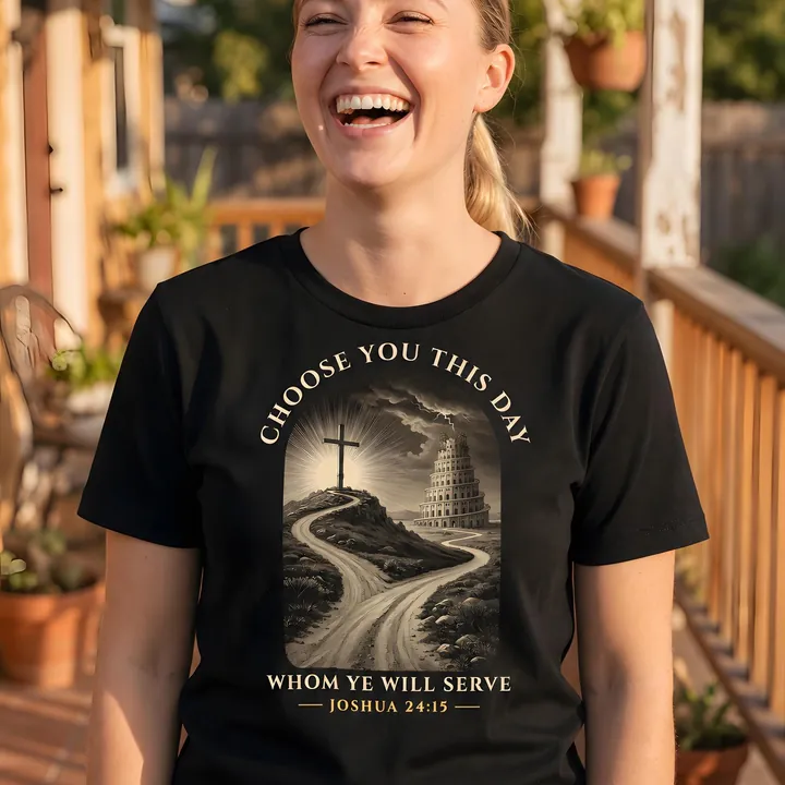 Laughing woman in a black garment-dyed T-shirt with the Choose You This Day design: a cross on a hill and a winding road beside the Tower of Babel, in an arched engraving with the words Choose you this day whom ye will serve, Joshua 24:15 printed on the front