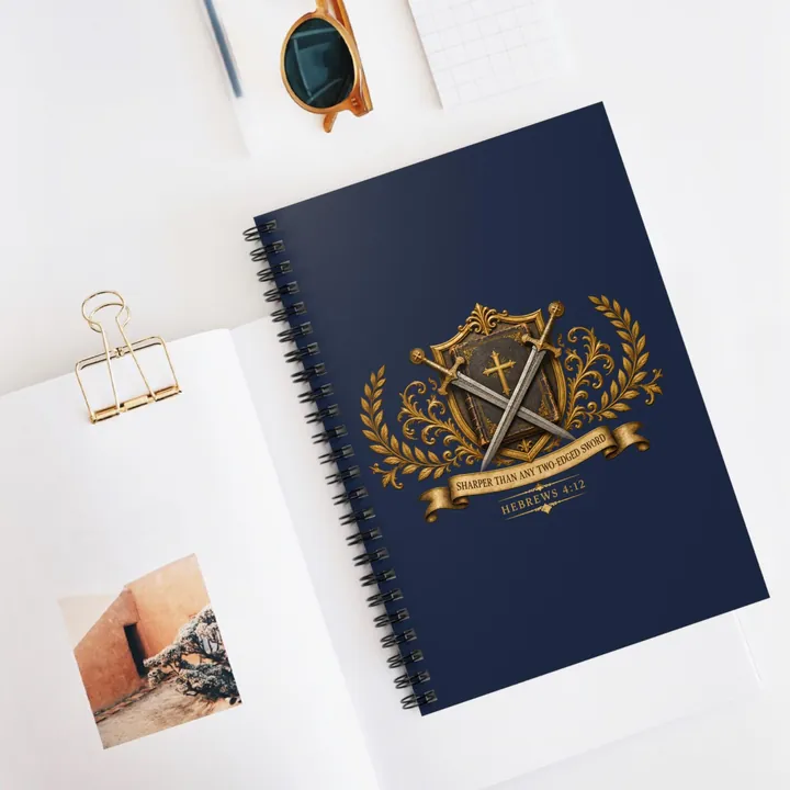 The Hebrews 4:12 crest spiral notebook on a white desk with sunglasses and a paper clip