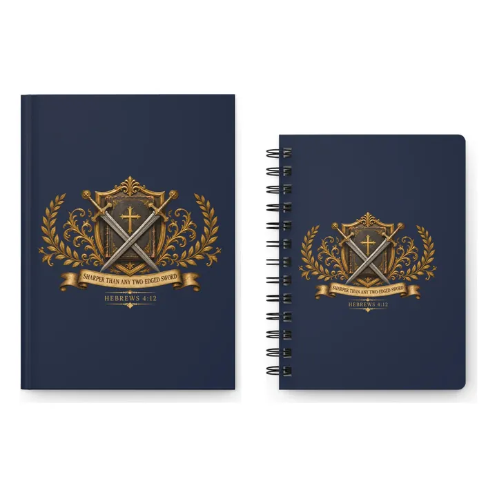 The Hebrews 4:12 crest journal in two formats side by side: a lined hardcover 5.75 x 8 inches and a spiral journal 5 x 7 inches