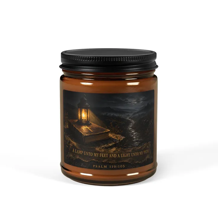 9 oz amber glass soy candle with a black lid. The label shows a painted lantern glowing on a Bible beside a night path and the words A Lamp Unto My Feet and a Light Unto My Path, Psalm 119:105