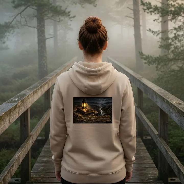 Young woman seen from behind on a misty forest footbridge in a sand hoodie with a painting of a brass lantern glowing on a Bible beside a night path, over a banner reading A Lamp Unto My Feet and a Light Unto My Path, Psalm 119:105 printed on the back