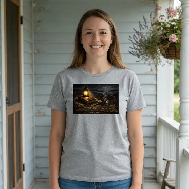 Smiling young woman on a farmhouse porch wearing a heather gray women's relaxed T-shirt printed with a painting of a brass lantern glowing on a Bible beside a night path, over a banner reading A Lamp Unto My Feet and a Light Unto My Path, Psalm 119:105