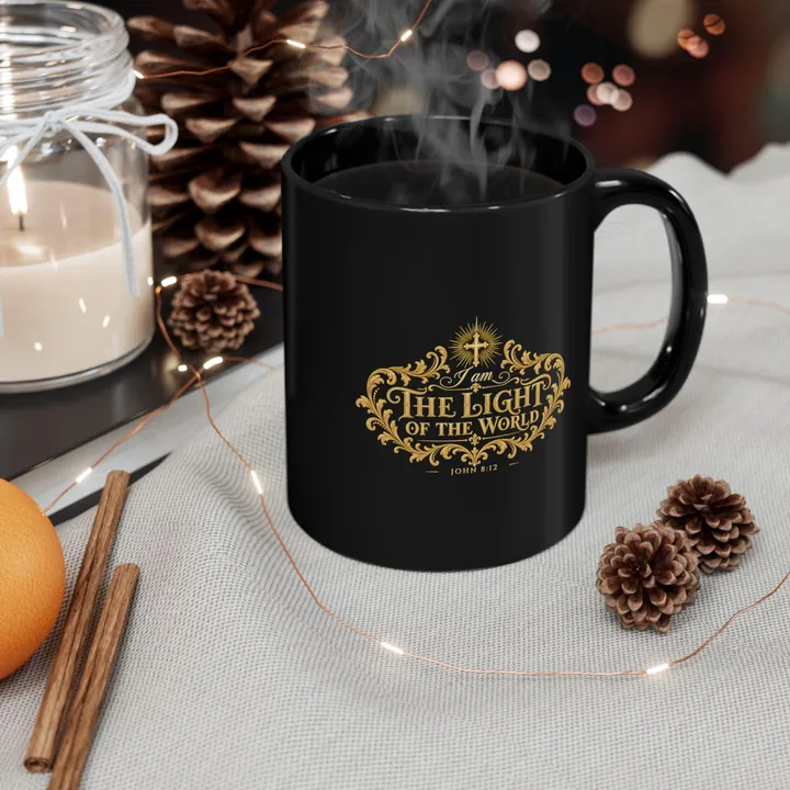Black mug with steam rising beside pinecones and a candle, printed with a gold crest with a small cross in rays over the words I Am the Light of the World, John 8:12