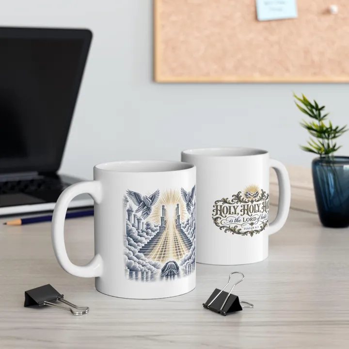 Two Holy, Holy, Holy crest white mugs on an office desk