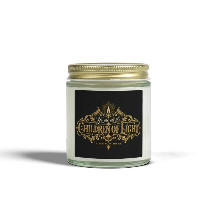 Coconut Apricot Wax Candle 4oz or 9oz, Gold Lid with a black label with the gold Children of Light crest: a candle flame in rays over Ye are all the Children of Light, 1 Thessalonians 5:5, 4 oz, clear jar